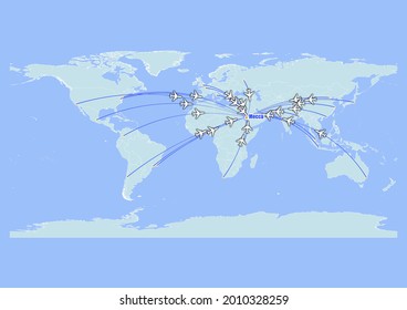 High detailed concept vector travel map for flights to Mecca-Saudi Arabia from major cities around the world. Vector suitable for digital editing and prints of all sizes.