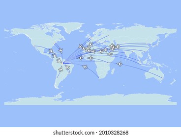 High detailed concept vector travel map for flights to Manaus-Brazil from major cities around the world. Vector suitable for digital editing and prints of all sizes.