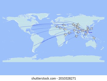High detailed concept vector travel map for flights to Manila-Philippines from major cities around the world. Vector suitable for digital editing and prints of all sizes.