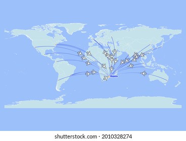High detailed concept vector travel map for flights to Maputo-Mozambique from major cities around the world. Vector suitable for digital editing and prints of all sizes.