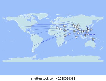 High detailed concept vector travel map for flights to Davao City-Philippines from major cities around the world. Vector suitable for digital editing and prints of all sizes.