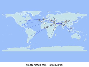 High detailed concept vector travel map for flights to Kuwait City-Kuwait from major cities around the world. Vector suitable for digital editing and prints of all sizes.