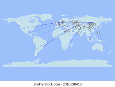 Mapa de alto concepto de vectores para vuelos a Krasnoyarsk-Rusia desde las principales ciudades del mundo. Vector adecuado para edición digital e impresiones de todos los tamaños.