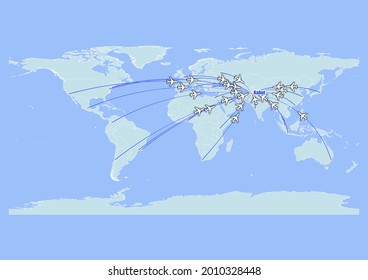 High detailed concept vector travel map for flights to Kabul-Afghanistan from major cities around the world. Vector suitable for digital editing and prints of all sizes.