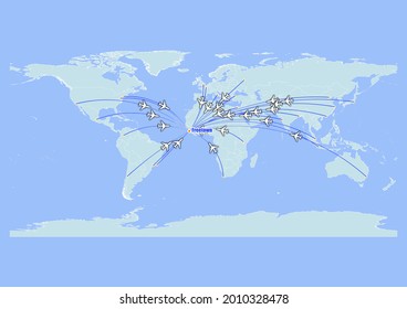 High detailed concept vector travel map for flights to Freetown-Sierra Leone from major cities around the world. Vector suitable for digital editing and prints of all sizes.
