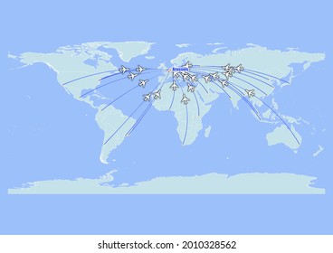 High detailed concept vector travel map for flights to Brussels-Belgium from major cities around the world. Vector suitable for digital editing and prints of all sizes.