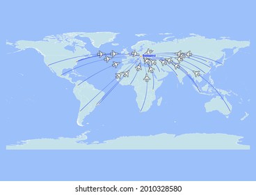 High detailed concept vector travel map for flights to Budapest-Hungary from major cities around the world. Vector suitable for digital editing and prints of all sizes.