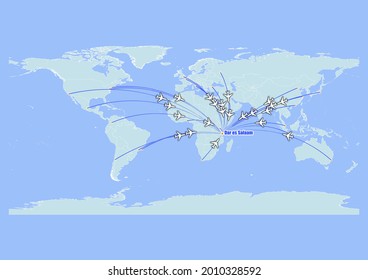 High detailed concept vector travel map for flights to Dar es Salaam-Tanzania from major cities around the world. Vector suitable for digital editing and prints of all sizes.