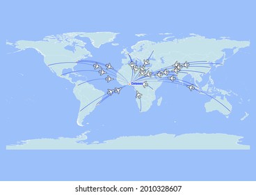 High detailed concept vector travel map for flights to Cotonou-Benin from major cities around the world. Vector suitable for digital editing and prints of all sizes.