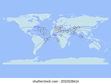 High detailed concept vector travel map for flights to Conakry-Guinea from major cities around the world. Vector suitable for digital editing and prints of all sizes.