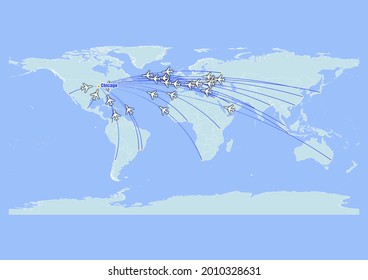 High detailed concept vector travel map for flights to Chicago-United States of America from major cities around the world. Vector suitable for digital editing and prints of all sizes.