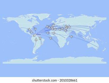 High detailed concept vector travel map for flights to Caracas-Venezuela from major cities around the world. Vector suitable for digital editing and prints of all sizes.