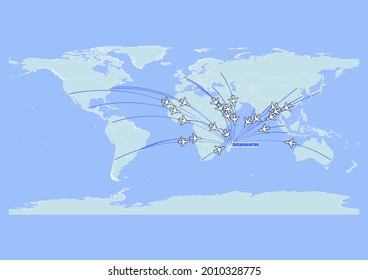 High detailed concept vector travel map for flights to Antananarivo-Madagascar from major cities around the world. Vector suitable for digital editing and prints of all sizes.