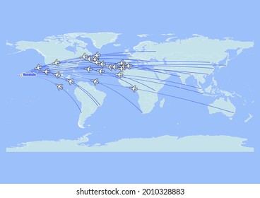 High detailed concept vector travel map for flights to Honolulu-United States of America from major cities around the world. Vector suitable for digital editing and prints of all sizes.