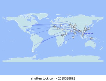 High detailed concept vector travel map for flights to Ho Chi Minh City-Vietnam from major cities around the world. Vector suitable for digital editing and prints of all sizes.