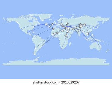 High detailed concept vector travel map for flights to Ankara-Turkey from major cities around the world. Vector suitable for digital editing and prints of all sizes.