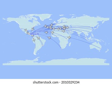 High detailed concept vector travel map for flights to Guatemala City-Guatemala from major cities around the world. Vector suitable for digital editing and prints of all sizes.