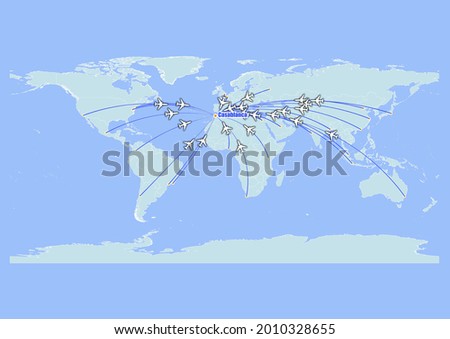 High detailed concept vector travel map for flights to Casablanca-Morocco from major cities around the world. Vector suitable for digital editing and prints of all sizes.