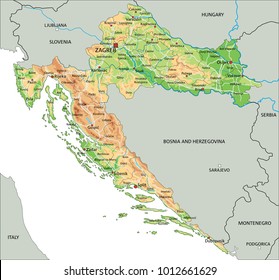 High detailed Croatia physical map with labeling.