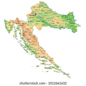 High detailed Croatia physical map with labeling.