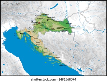High detailed Croatia physical map with cities, rivers, lakes and topography - Vector illustration