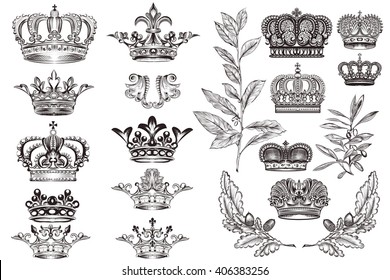 High detailed crowns set or collection in vintage heraldic style for design