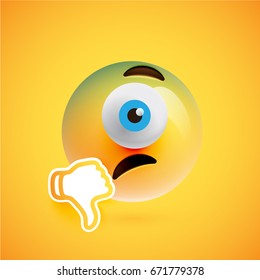 High detailed cyclops smiley with thumbs down on yellow background, vector illustration