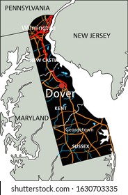 High detailed Delaware road map with labeling.