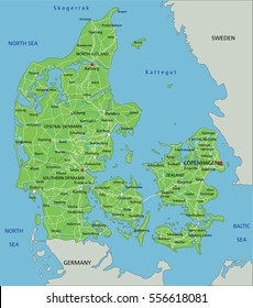 High detailed Denmark physical map with labeling.