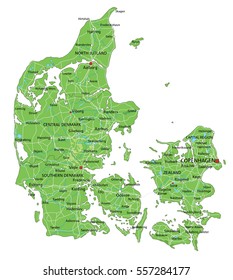 High detailed Denmark physical map with labeling.