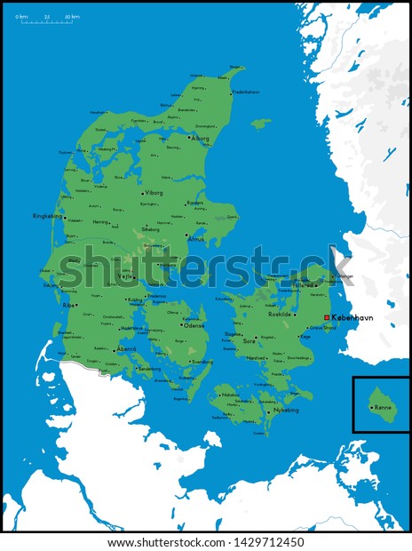 High Detailed Denmark Physical Map Cities Stock Vector (Royalty Free ...