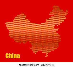High detailed digital China country map. yellow color stars design in shape of china territory. cartography concept -  chinese flag colors. vector art image illustration, isolated on red background