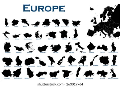 High detailed editable illustration of all European countries.