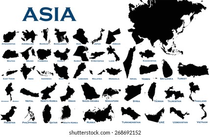 High detailed editable illustration of all Asian countries.