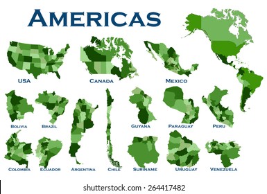 High detailed editable, political map of all North and South American countries.
