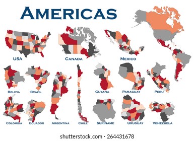 High detailed editable, political map of all South and North American countries.