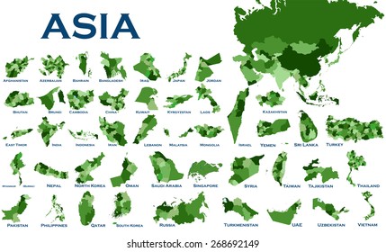 High detailed editable, political map of all Asian countries.