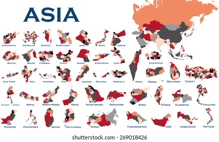 High detailed editable, political map of all Asian countries.