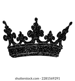 High detailed etching drawing of crown with jewels. King coronation coronet. Hand drawn vector illustration.