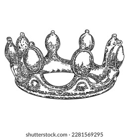 High detailed etching drawing of crown with jewels. King coronation coronet. Hand drawn vector illustration.