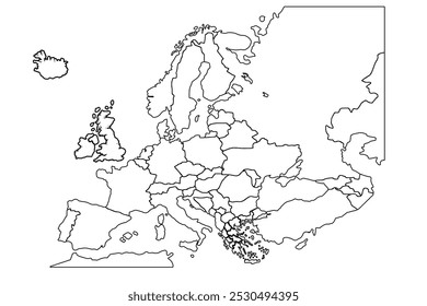High detailed Europe map isolated on a white background.world map outline, linear doodle illustration.