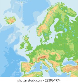 High detailed Europe physical map.