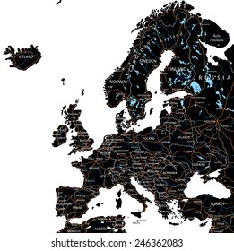 High detailed Europe road map with labeling - Black.(clearly labeled on separated layers)