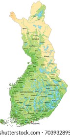 High detailed Finland physical map with labeling.