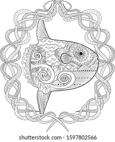 High detailed fish in ornate style for adult antistress coloring book. Hand drawn doodle oceanic animal for art therapy. Animal with high details isolated on white background. Vector illustration