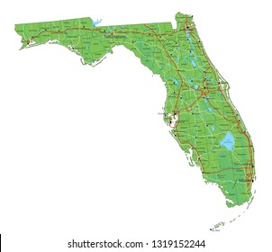 High detailed Florida physical map with labeling.