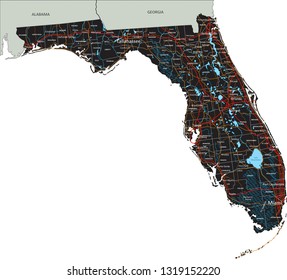 High detailed Florida road map with labeling.