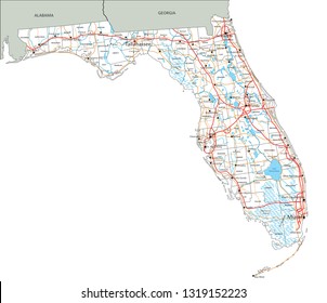 High detailed Florida road map with labeling.