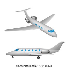 High detailed flying Private airplane. Airline Concept Private Passenger small aircraft.  Perspective and side view of airplane. 3d Vector illustration.