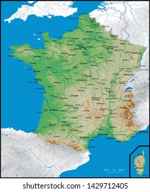 High detailed France physical map with cities, rivers, lakes and topography - Vector illustration